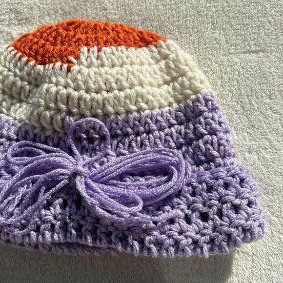New Handmade crochet purple cream, and orange, cuffed stretchy beanie hat - Picture 3 of 7